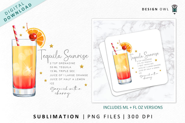 Tequila Sunrise cocktail recipe sublimation file Sublimation Design Owl 