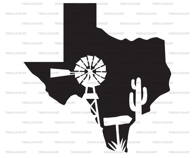 Texas map silhouette with water pumping windmill SVG TribaliumArtSF 