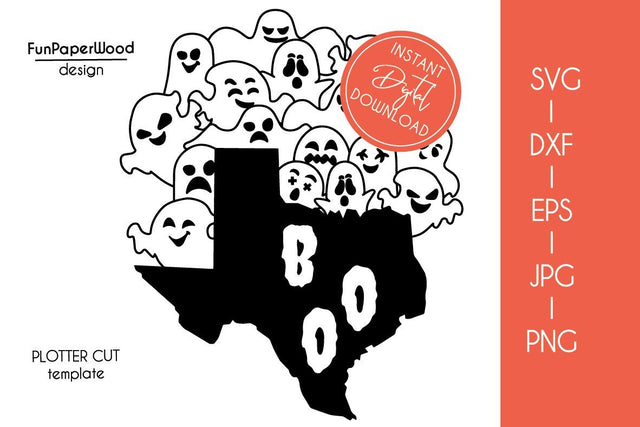 Texas TX state map Cute Halloween Boo scary ghosts faces SVG DXF EPS PNG JPEG SVG FunPaperWood 