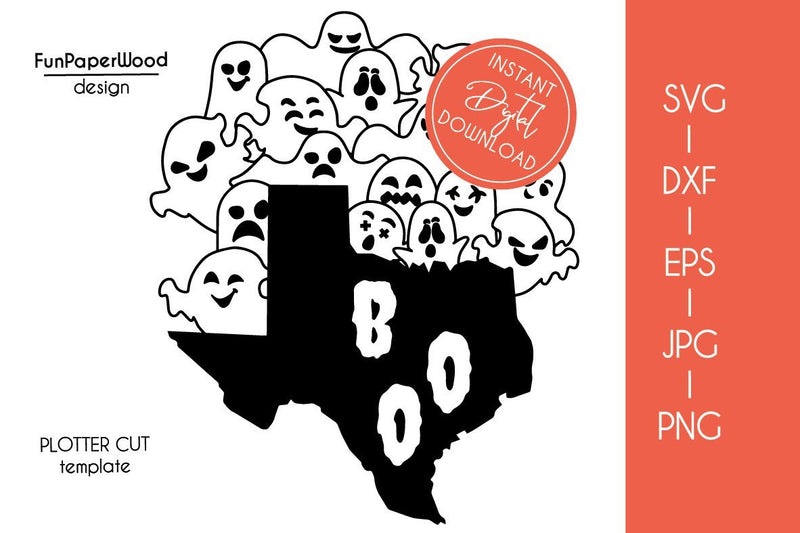 Texas TX state map Cute Halloween Boo scary ghosts faces SVG DXF EPS PNG JPEG SVG FunPaperWood 