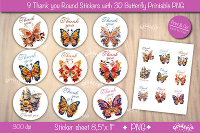 Thank You Stickers Round Stickers Bundle PNG Small business stickers 3D Butterfly Printable stickers sheet PNG Sublimation Createya Design 