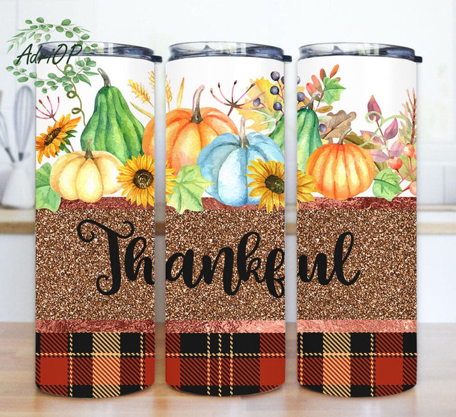 Thankful 20oz Skinny Tumbler, Pumpkin Sunflower Tumbler Design, Autumn Tumbler Png, Plaid Glitter Tumbler Wrap, Fall Sublimation Png, Digital Download Sublimation AdriOP 