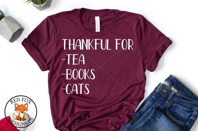 Thankful For Tea Books Cats, Fall Thanksgiving Svg Png Dxf SVG RedFoxDesignsUS 