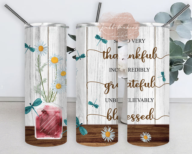 Thankful Grateful Blessed Tumbler Png, Thanksgiving 20oz Skinny Tumbler, Daisy Dragonfly Tumbler Wrap, Festival Autumn Sublimation Design, Digital Download Sublimation Rabbitmakies 