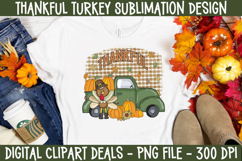 Thankful Turkey Sublimation - Thanksgiving Old Green Truck Sublimation PNG T-shirt Design Sublimation Digital Clipart Deals 