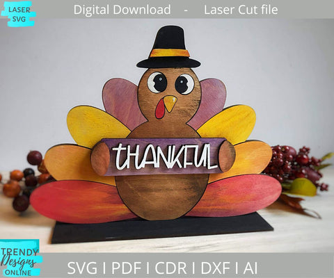 Thankful Turkey svg, Fall shelf sitter Glowforge laser cut svg SVG Trendy Designs Online 