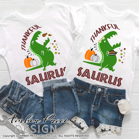 Thankfulsaurus SVG PNG DXF Bundle | Siblings Thanksgiving shirt SVG | Thanksgiving Dinosaur T-Rex SVG for Brothers & Sisters SVG Amber Price Design 