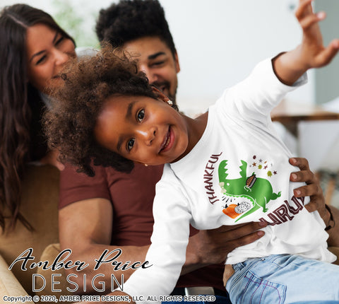 Thankfulsaurus SVG PNG DXF | Kid's Thanksgiving shirt SVG | Thanksgiving Dinosaur SVG for Girls SVG Amber Price Design 