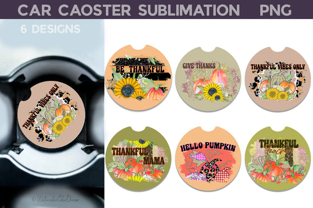 Thanksgiving Car Coaster | Thankful Sublimation Designs SVG WatercolorColorDream 