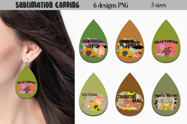 Thanksgiving Earrings Sublimation | Pumpkin Teardrop Earring Sublimation WatercolorColorDream 