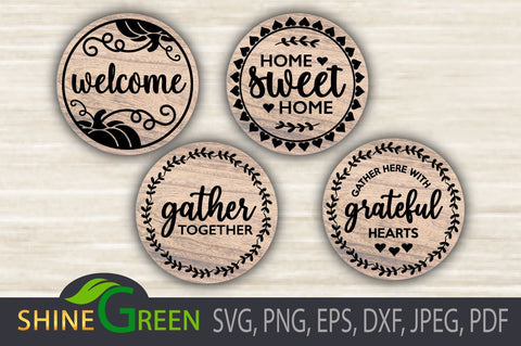 Thanksgiving SVG Bundle - 4 Round Wood Signs for Home, Farmhouse SVG Shine Green Art 