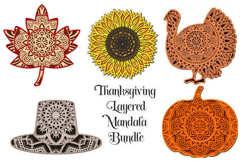 Thanksgiving SVG Layered Mandala Bundle - 5 designs, turkey, sunflower, maple leaf, pilgrim hat, pumpkin SVG Digital Honeybee 