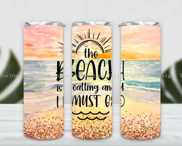 The Beach is Calling and I Must Go Sublimation Design, Sunset Beach Glitter Tumbler, Summer Tumbler Design Seamless Sunset Tumbler Wrap PNG Sublimation ToriDesigns 