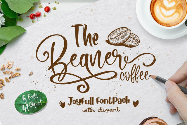 The Beaner - 5 Font & 41 Clipart Font Din Studio 
