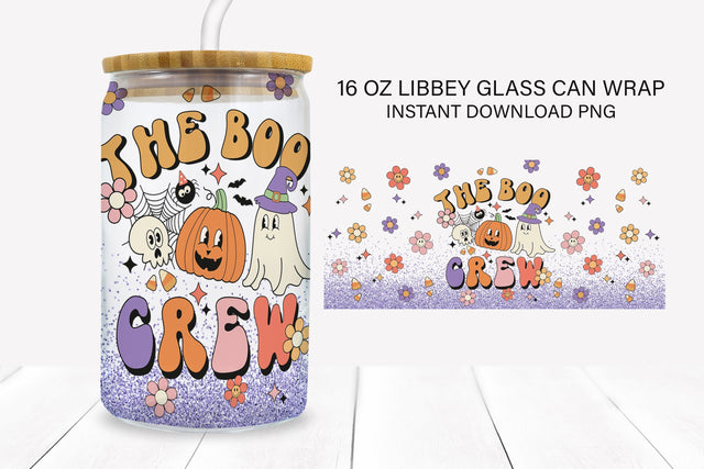 The Boo Crew Cute Retro Halloween 16 oz Libbey Glass Can PNG Sublimation BijouBay 