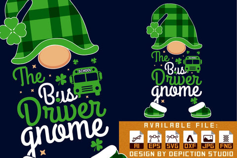 The Bus Driver Gnome T-Shirt, St. Patrick's Day Gnome Shirt, Patrick's Day Kids Shirt, St. Patrick's Day School Bus Shirt Print Template Sketch DESIGN Depiction Studio 