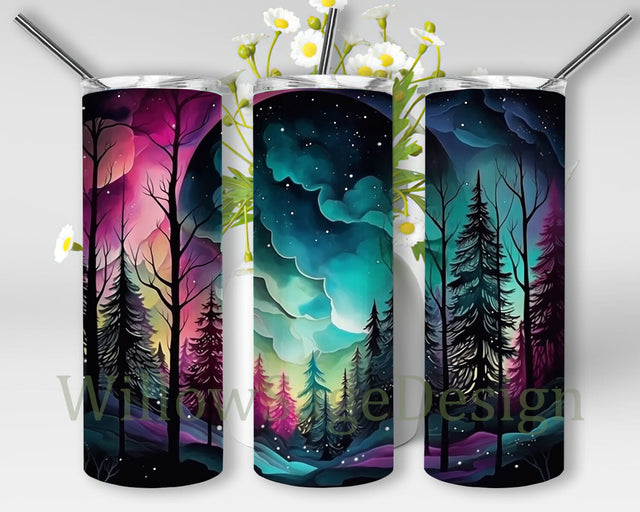 The Lights In The Sky With A Painting Of A Forest And Trees 20oz Skinny Tumbler Png, Colorful Woodcarvings Tumbler, Northern Lights Tumbler, Northern Lights Night Sky Png Sublimation WillowSageDesign 