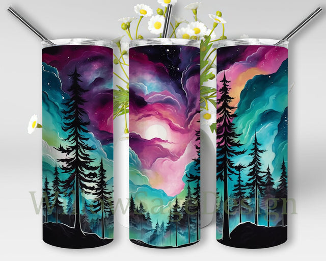 The Lights In The Sky With A Painting Of A Forest And Trees 20oz Skinny Tumbler Png, Colorful Woodcarvings Tumbler, Northern Lights Tumbler, Northern Lights Night Sky Png Sublimation WillowSageDesign 