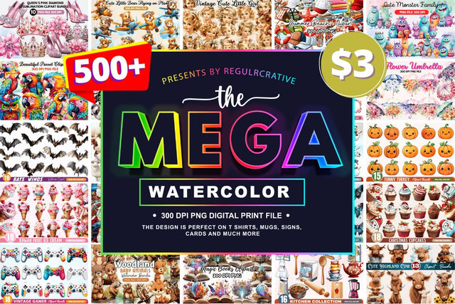 The Mega Watercolor PNG Bundle, Watercolor PNG Bundle Sublimation Regulrcrative 