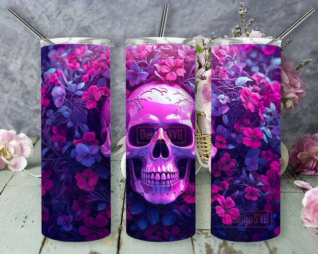 The Purple Skull With Pink Flowers 20oz Skinny Tumbler Png, Colorful Purple Skull Flowers Tumbler, Watercolor Floral Skull Tumbler, Skull Flowers Tumbler Sublimation DesignSVG 