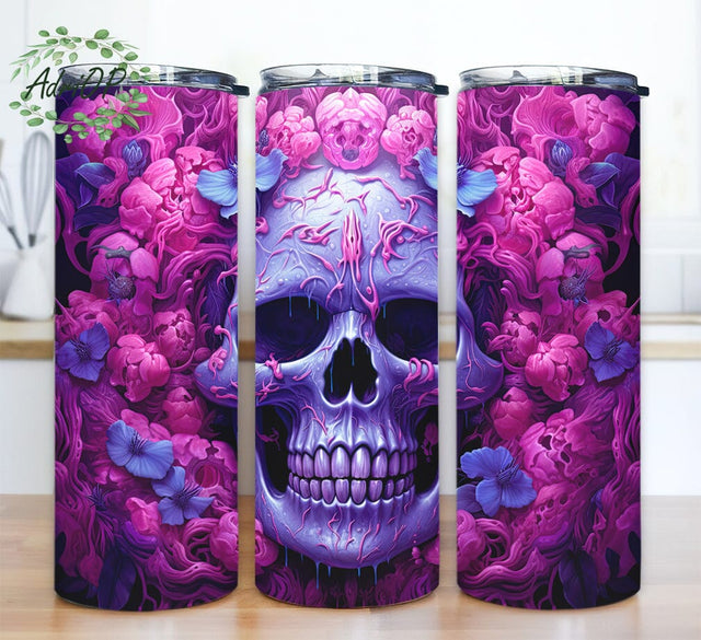 The Purple Skull With Pink Flowers 20oz Skinny Tumbler Png, Skull Pink Flowers Tumbler, Skull Floral Tumbler Sublimation, Skull Watercolor Png, Halloween Skull Tumbler Png Sublimation AdriOP 