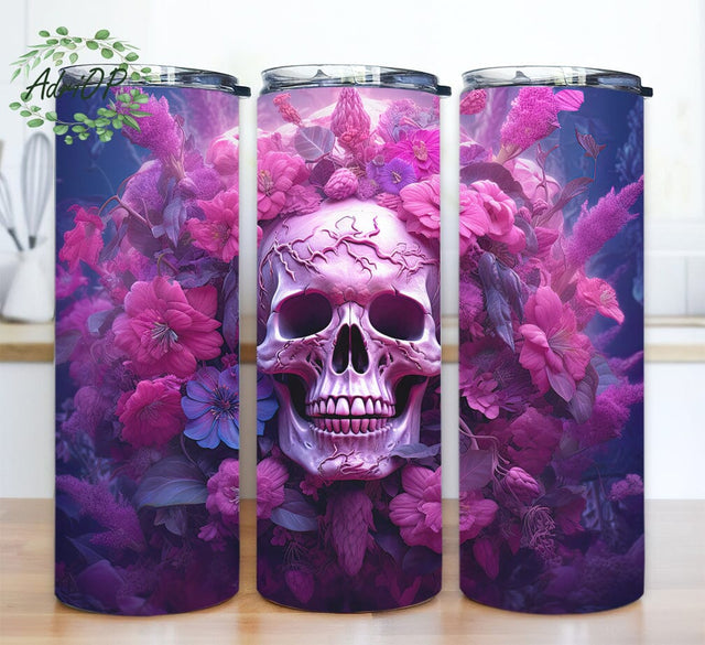 The Purple Skull With Pink Flowers 20oz Skinny Tumbler Png, Skull Pink Flowers Tumbler, Skull Floral Tumbler Sublimation, Skull Watercolor Png, Halloween Skull Tumbler Png Sublimation AdriOP 