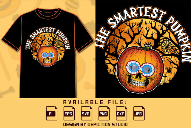 The Smartest Pumpkin T Shirt, Happy Halloween Retro Vintage Background Shirt, Halloween Forest Spider Net Shirt, Halloween Pumpkin Shirt Print Template SVG Depiction Studio 