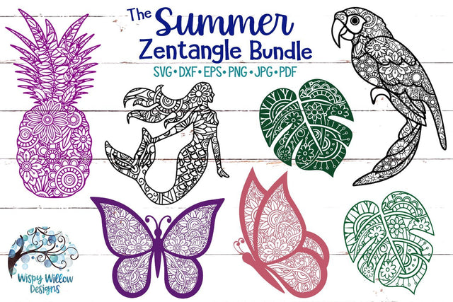 The Summer Zentangle SVG Bundle | Mermaid, Pineapple, Butterfly, Monstera Leaves, Parrot SVG Wispy Willow Designs 