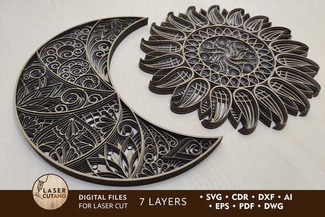 The Sun and The Moon - Multilayer Laser Cut Files, Mandala, Round Sign SVG, 3D Designs, Mini Design Bundles SVG LaserCutano 