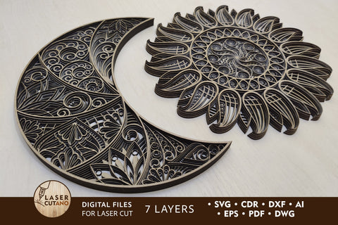 The Sun and The Moon - Multilayer Laser Cut Files, Mandala, Round Sign SVG, 3D Designs, Mini Design Bundles SVG LaserCutano 