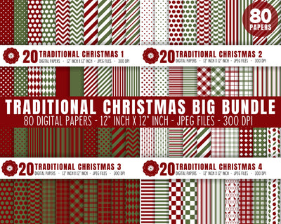 The Traditional Christmas Digital Paper BIG Bundle - 80 Patterns - Polka Dots, Stripes, Chevron - DIY Crafts Digital Pattern Digital Clipart Deals 