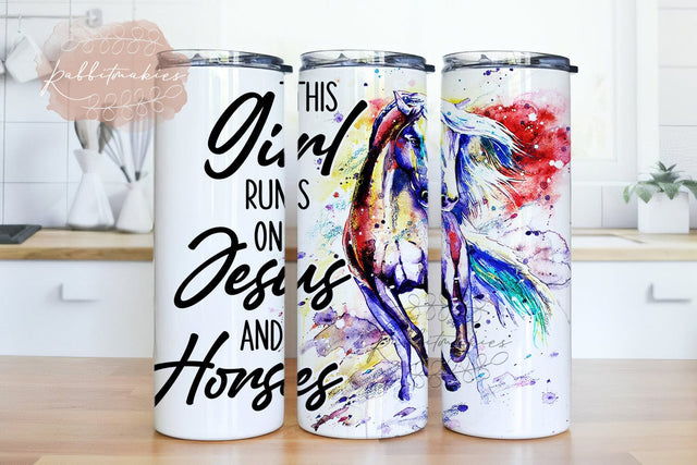 This Girl Runs On Jesus And Horses 20oz Skinny Tumbler Design, Horse Cup Coffee Tumbler For Horse Girl Horse Lovers Sublimation Rabbitmakies 