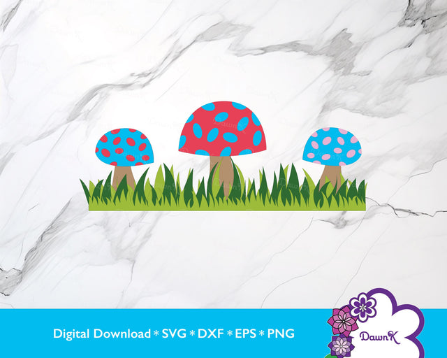 Three Blue and Coral Mushrooms with Grass SVG SVG DawnKDesigns 