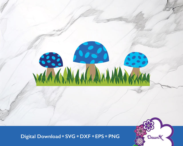 Three Blue Mushrooms with Grass SVG SVG DawnKDesigns 
