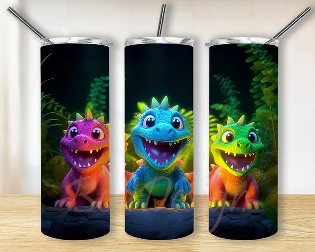 Three Cartoon Baby Dinosaurs 20oz Skinny Tumbler Png, Neon Colors Dinosaurs Tumbler, Watercolor Dinosaurs Tumbler, Bright Neon Tumbler Wrap Png Sublimation BouDesign 