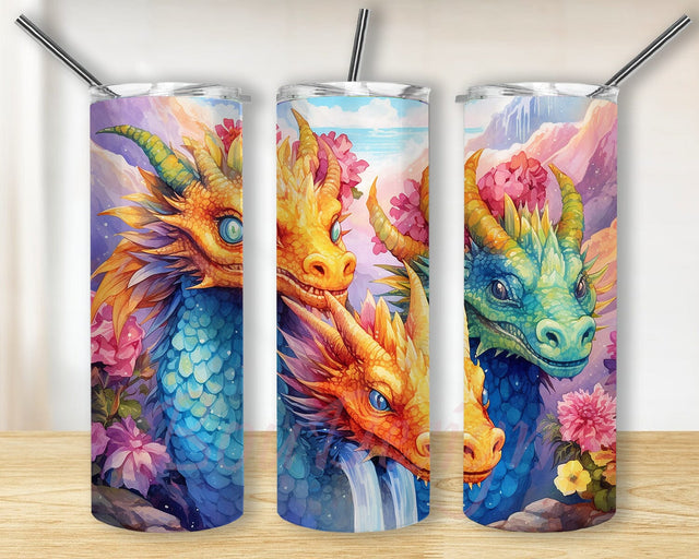 Three Cute Dragons 20oz Skinny Tumbler Png, Mountains Tumbler, Stainglass Dragon Tumbler, Stain Glass, Dragon, Tumbler Wraps For Children, Flowers Dragons Tumbler Sublimation BouDesign 