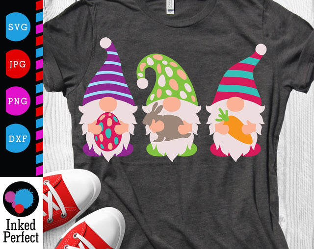 Three Cute Gnomes Holding Egg Carrot Rabbit SVG Inked Perfect 