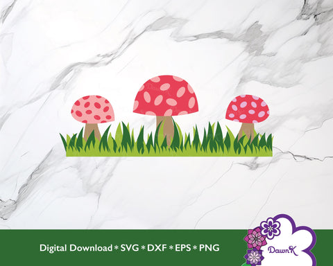 Three Pink Mushrooms with Grass SVG SVG DawnKDesigns 