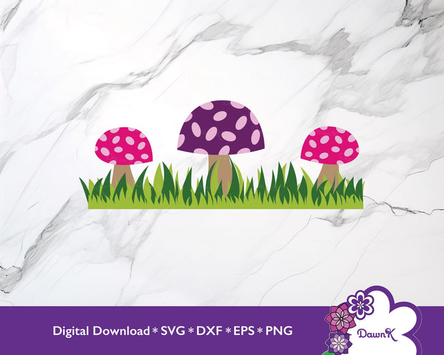 Three Purple Pink Mushrooms with Grass SVG SVG DawnKDesigns 