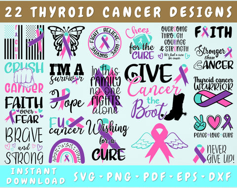 Thyroid Cancer Awareness SVG Bundle, 22 Designs, Thyroid Cancer Ribbon SVG, Teal, Pink and Purple Cancer Ribbon SVG SVG HappyDesignStudio 