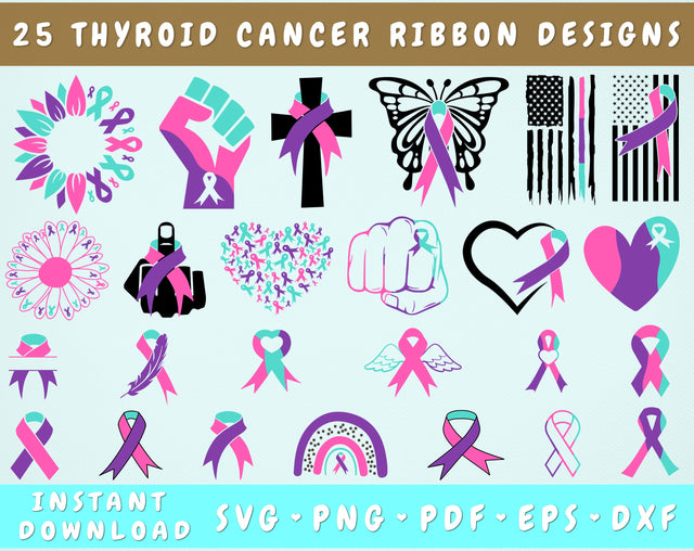 Thyroid Cancer Ribbon SVG Bundle, 25 Designs, Thyroid Cancer Clipart, Thyroid Cancer PNG Files, Thyroid Cancer Sunflower SVG SVG HappyDesignStudio 