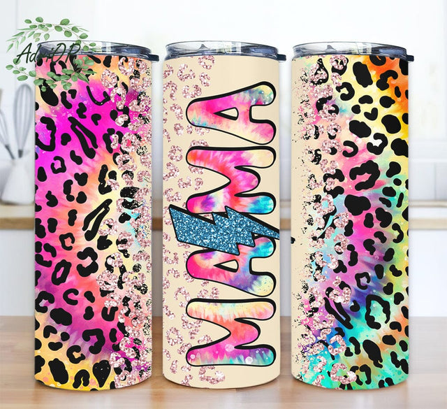 Tie Dye Leopard Mama 20oz Skinny Tumbler Png, Glitter Lightning Botl Mama Tumbler, Mama Tumbler, Mom Tumbler, Mothers Day Tumbler Sublimation AdriOP 