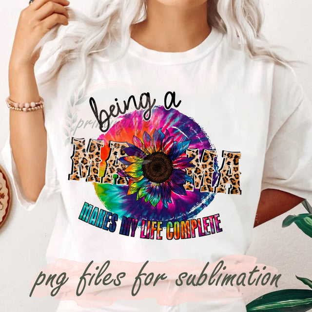Tie Dye Leopard Mama Png, Being A Mama Make My Life Complete Png, Mama Png, Tie Dye Sunflower, Being A Mom Png Sublimation PrintingLife 