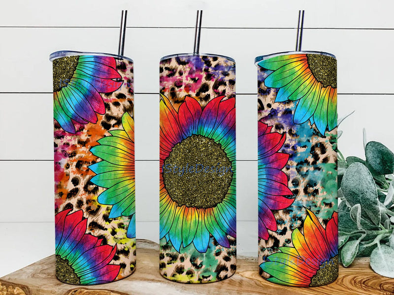 Tie Dye Sunflower 20oz Skinny Tumbler, Sunflower Tumbler Design, Leopard Tumbler Wrap, Sunflower Sublimation Design for Straight, Digital Download Sublimation iStyleDesign 