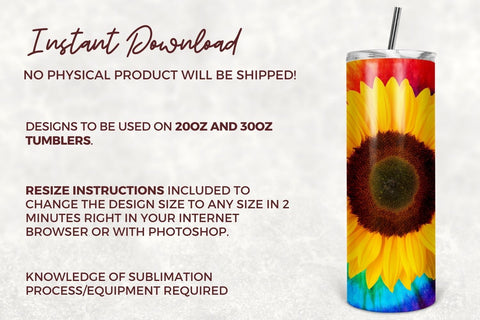 Tie Dye Sunflower Rainbow, Tumbler Sublimation Design, 20 oz Skinny, Instant Download, Tapered, Straight, Colorful Sunflower Sublimation TumblersByPhill 