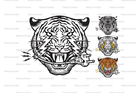 Tiger Face with Lightning Bolts and Power Plug in its Mouth. SVG TribaliumArtSF 