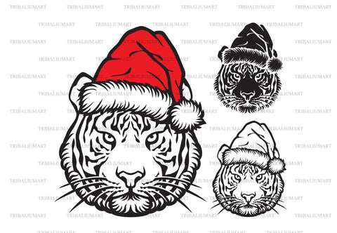 Tiger Head and Santa Claus Hat (Christmas design). Vector Illustration. SVG TribaliumArtSF 