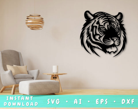 Tiger Laser SVG Cut File, Tiger Glowforge File, Tiger DXF, Tiger Wall Art SVG SVG HappyDesignStudio 