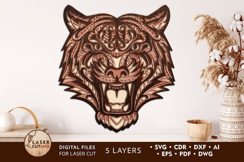 TIGER Multilayer Laser Cut Files, Mandala, Round SVG, 3D Designs SVG LaserCutano 