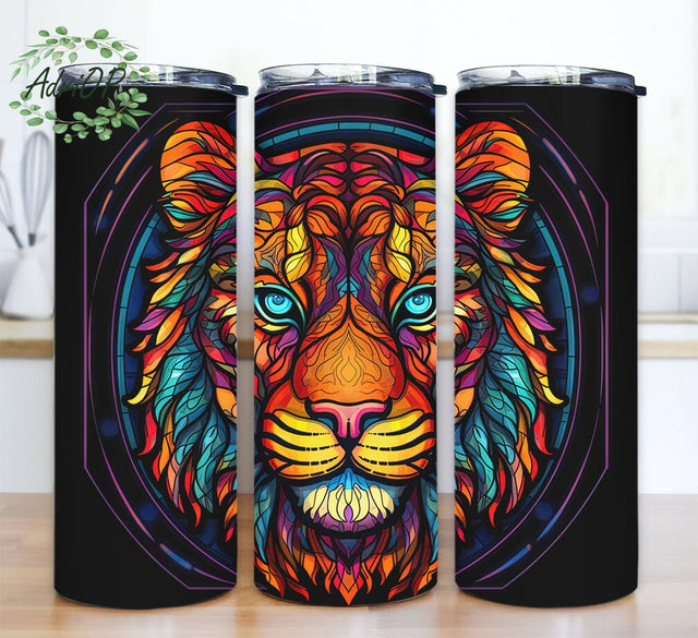 Tiger Neon Stained Glass Window 20oz Skinny Tumbler Png, Vibrant Colors Png, Tiger Tumbler, Tiger Stained Glass Png, Colorful Tiger Stained Glass Png Sublimation AdriOP 